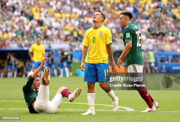 Philippe Coutinho of Brazil reacts during the 2018 FIFA World Cup Russia Round of 16 match between Brazil and Mexico at Samara Arena on July 2, 2018...