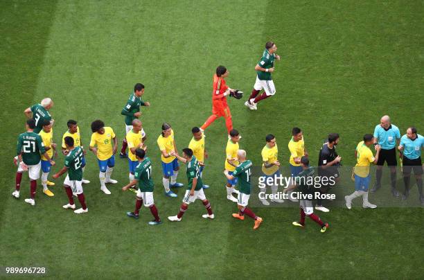 Mexico and Brazil players sahkes hands prior to the 2018 FIFA World Cup Russia Round of 16 match between Brazil and Mexico at Samara Arena on July 2,...
