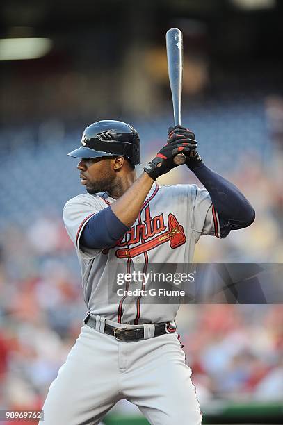 Jason Heyward of the Atlanta Braves bats against the Washington Nationals at Nationals Park on May 5, 2010 in Washington, DC.