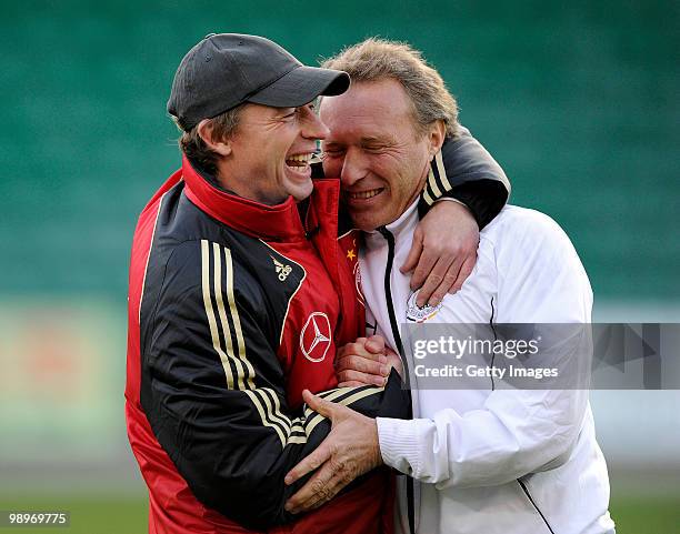 Head Coach Steffen Freund and Henry Rehnisch of Germany celebrate the victory during the U16 international friendly match between Denmark and Germany...