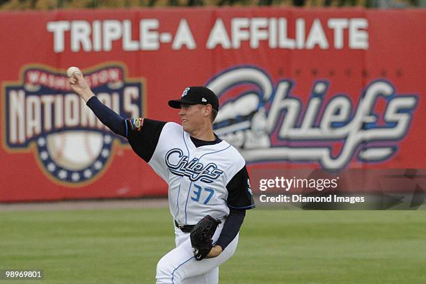 Pitcher Stephen Strasburg of the Syracuse Chiefs throws in the outfield prior to his AAA minor league debut on May 7, 2010 at Alliance Bank Stadium...