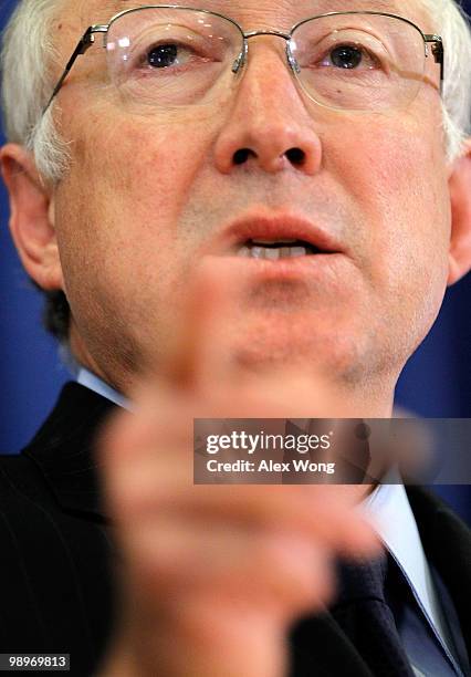 Secretary of Interior Ken Salazar speaks during a news conference May 11, 2010 in Washington, DC. Salazar announced that he would split the Minerals...