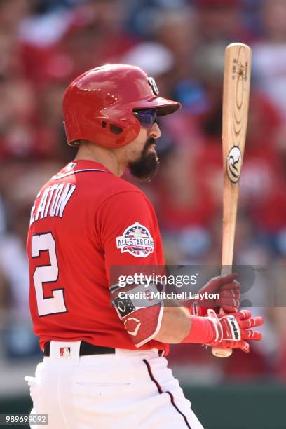 Adam Eaton of the Washington Nationals prepares for a pitch during a baseball game against the Philadelphia Phillies at Nationals Park on June 23,...