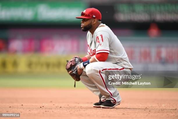 Carlos Santana of the Philadelphia Phillies looks on during a baseball game against the Washington Nationals at Nationals Park on June 23, 2018 in...