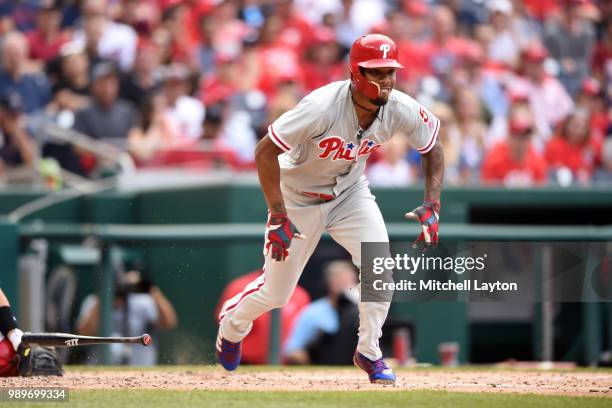 Nick Williams of the Philadelphia Phillies runs to first base during a baseball game against the Washington Nationals at Nationals Park on June 23,...