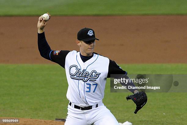 Pitcher Stephen Strasburg of the Syracuse Chiefs throws out Joe Thurston of the winnett Braves at firstbase during a game on May 7, 2010 at Alliance...