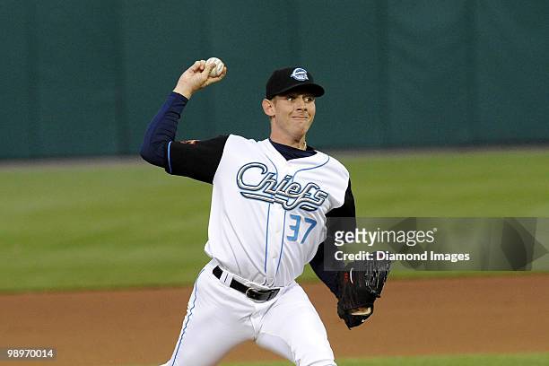 Pitcher Stephen Strasburg of the Syracuse Chiefs throws a pitch against the Gwinnett Braves in his AAA minor league debut during a game on May 7,...