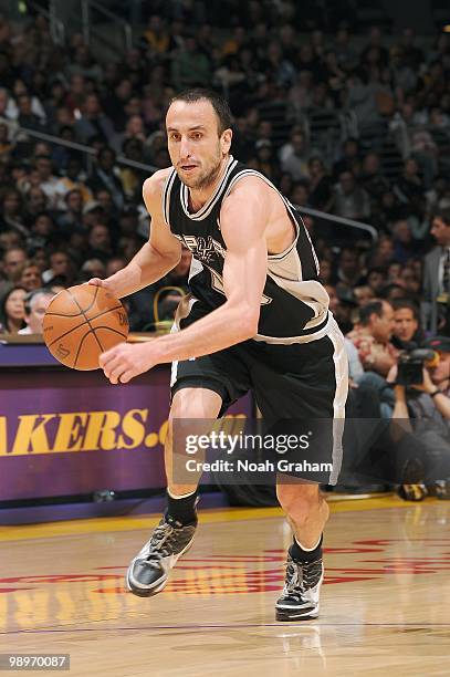 Manu Ginobili of the San Antonio Spurs drives the ball downcourt against the Los Angeles Lakers at Staples Center on April 4, 2010 in Los Angeles,...