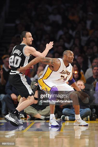 Kobe Bryant of the Los Angeles Lakers guards against Manu Ginobili of the San Antonio Spurs at Staples Center on April 4, 2010 in Los Angeles,...
