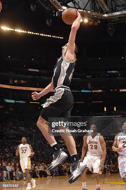 Manu Ginobili of the San Antonio Spurs makes a layup against the Los Angeles Lakers at Staples Center on April 4, 2010 in Los Angeles, California....