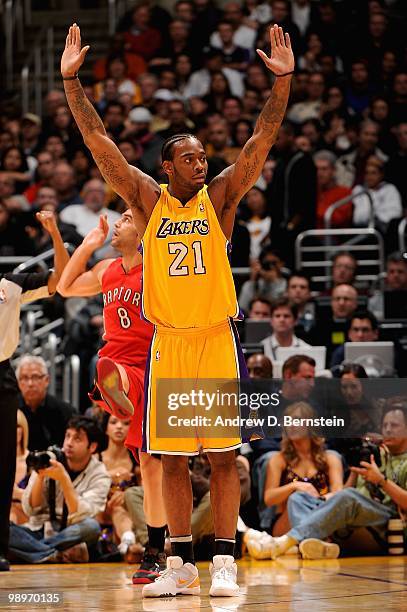 Josh Powell of the Los Angeles Lakers reacts to a foul during the game against the Toronto Raptors on March 9, 2010 at Staples Center in Los Angeles,...