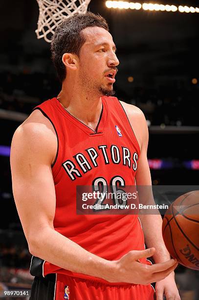 Hedo Turkoglu of the Toronto Raptors tosses the ball during the game against the Los Angeles Lakers on March 9, 2010 at Staples Center in Los...