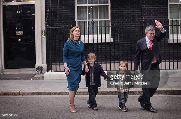 British Prime Minister Gordon Brown and wife Sarah and their sons John and James Fraser leave Downing Street on May 11, 2010 in London, England....
