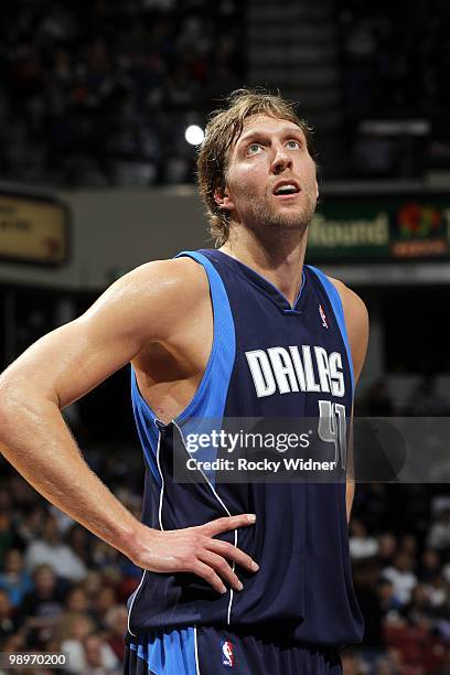 Dirk Nowitzki of the Dallas Mavericks looks on during the game against the Sacramento Kings at Arco Arena on April 10, 2010 in Sacramento,...