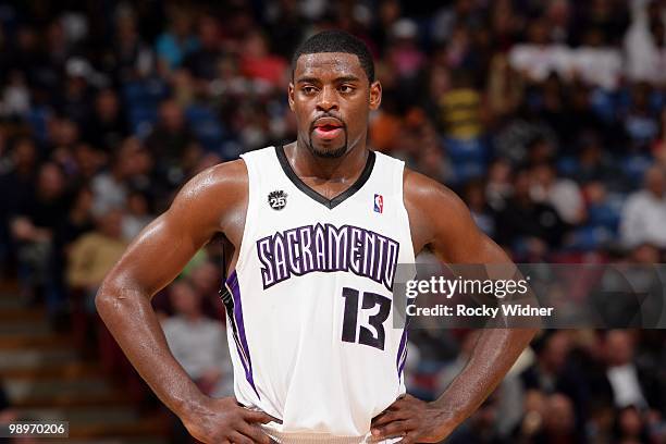 Tyreke Evans of the Sacramento Kings looks on during the game against the Dallas Mavericks at Arco Arena on April 10, 2010 in Sacramento, California....