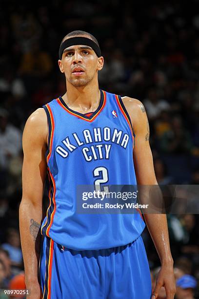 Thabo Sefolosha of the Oklahoma City Thunder looks on during the game against the Golden State Warriors at Oracle Arena on April 11, 2010 in Oakland,...