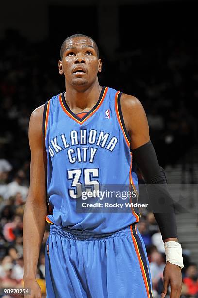 Kevin Durant of the Oklahoma City Thunder looks on during the game against the Golden State Warriors at Oracle Arena on April 11, 2010 in Oakland,...