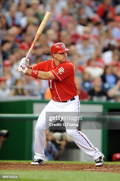 Ryan Zimmerman of the Washington Nationals bats against the Florida Marlins at Nationals Park on May 7, 2010 in Washington, DC.