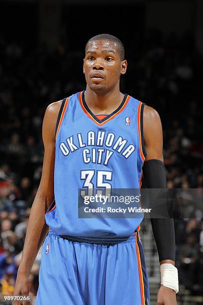 Kevin Durant of the Oklahoma City Thunder looks on during the game against the Golden State Warriors at Oracle Arena on April 11, 2010 in Oakland,...