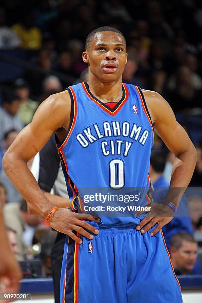 Russell Westbrook of the Oklahoma City Thunder looks on during the game against the Golden State Warriors at Oracle Arena on April 11, 2010 in...