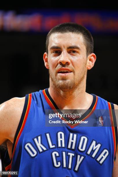 Nick Collison of the Oklahoma City Thunder looks on during the game against the Golden State Warriors at Oracle Arena on April 11, 2010 in Oakland,...