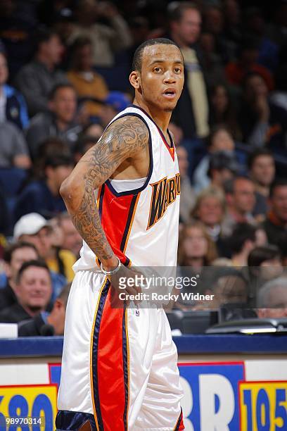 Monta Ellis of the Golden State Warriors looks on during the game against the Oklahoma City Thunder at Oracle Arena on April 11, 2010 in Oakland,...