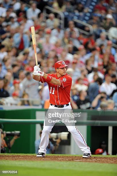 Ryan Zimmerman of the Washington Nationals bats against the Florida Marlins at Nationals Park on May 7, 2010 in Washington, DC.