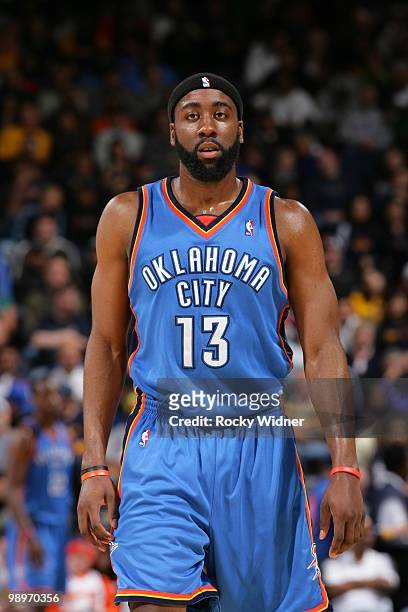 James Harden of the Oklahoma City Thunder looks on during the game against the Golden State Warriors at Oracle Arena on April 11, 2010 in Oakland,...
