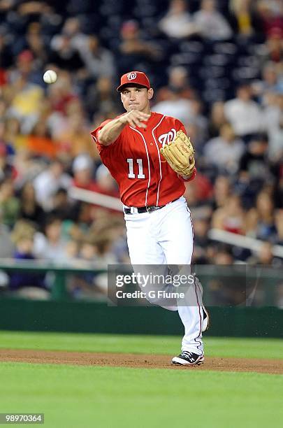 Ryan Zimmerman of the Washington Nationals throws the ball to first base against the Florida Marlins at Nationals Park on May 7, 2010 in Washington,...