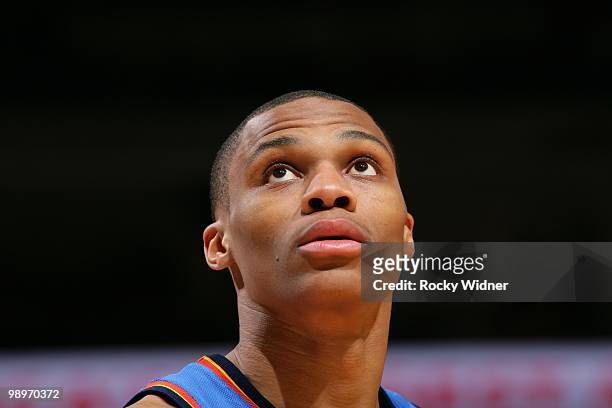 Russell Westbrook of the Oklahoma City Thunder looks on during the game against the Golden State Warriors at Oracle Arena on April 11, 2010 in...