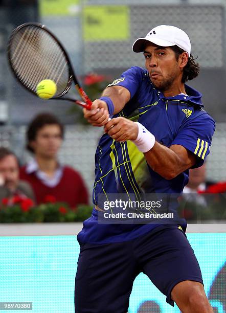Fernando Verdasco of Spain plays a backhand against Ivo Karlovic of Croatia in their second round match during the Mutua Madrilena Madrid Open tennis...