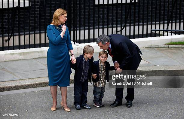 British Prime Minister Gordon Brown, his wife Sarah and their sons James Fraser and John leave Downing Street on May 11, 2010 in London, England....