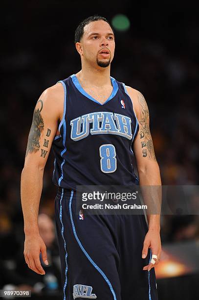 Deron Williams of the Utah Jazz walks down the court in Game One of the Western Conference Semifinals against the Los Angeles Lakers during the 2010...