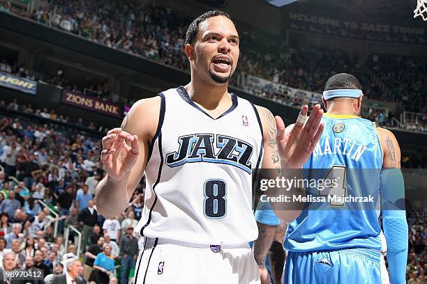 Deron Williams of the Utah Jazz reacts in Game Six of the Western Conference Quarterfinals against the Denver Nuggets during the 2010 NBA Playoffs on...