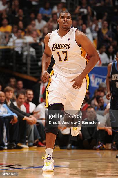 Andrew Bynum of the Los Angeles Lakers runs down the court in Game One of the Western Conference Semifinals against the Utah Jazz during the 2010 NBA...