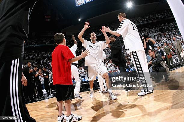 Manu Ginobili of the San Antonio Spurs is introduced before Game Three of the Western Conference Semifinals against the Phoenix Suns during the 2010...