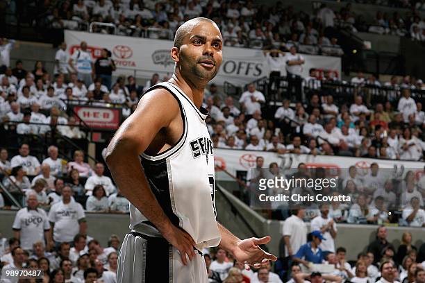 Tony Parker of the San Antonio Spurs reacts in Game Three of the Western Conference Semifinals against the Phoenix Suns during the 2010 NBA Playoffs...