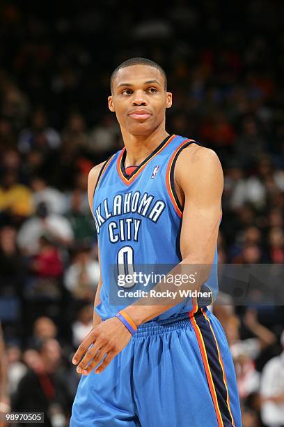 Russell Westbrook of the Oklahoma City Thunder looks on during the game against the Golden State Warriors at Oracle Arena on April 11, 2010 in...