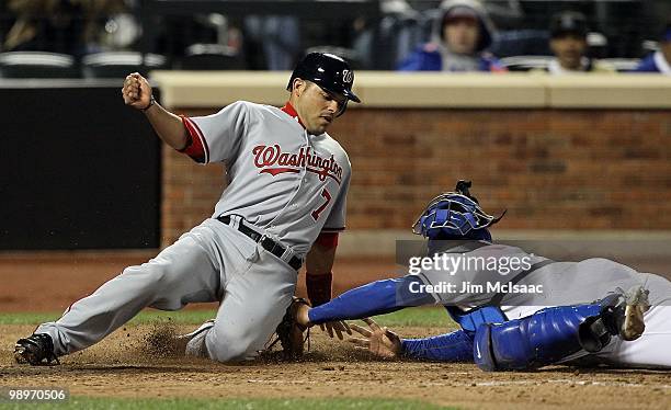 Ivan Rodriguez of the Washington Nationals is tagged out at the plate by Rod Barajas of the New York Mets to end the sixth inning on May 10, 2010 at...