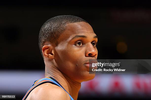 Russell Westbrook of the Oklahoma City Thunder looks on during the game against the Golden State Warriors at Oracle Arena on April 11, 2010 in...