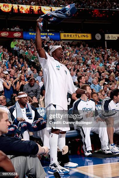 Jason Terry of the Dallas Mavericks reacts in Game Five of the Western Conference Quarterfinals against the San Antonio Spurs during the 2010 NBA...