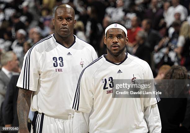 Shaquille O'Neal and LeBron James of the Cleveland Cavaliers on the court during warm-ups prior to Game Two of the Eastern Conferense Semifinals...