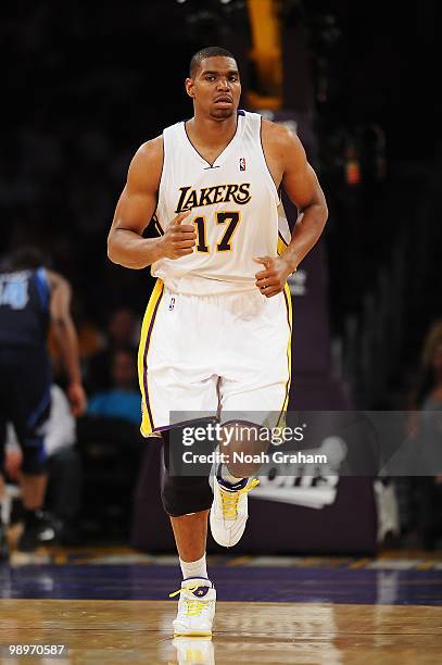 Andrew Bynum of the Los Angeles Lakers runs down the court in Game One of the Western Conference Semifinals against the Utah Jazz during the 2010 NBA...