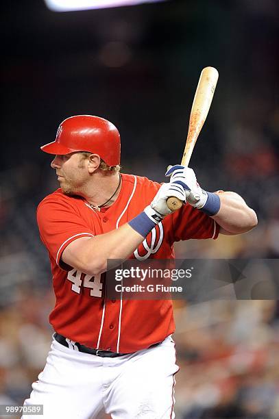 Adam Dunn of the Washington Nationals bats against the Florida Marlins at Nationals Park on May 7, 2010 in Washington, DC.