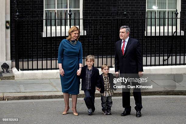 Prime Minister Gordon Brown wife Sarah Brown and children James Fraser and John leave Downing Street on May 11, 2010 in London, England. After five...