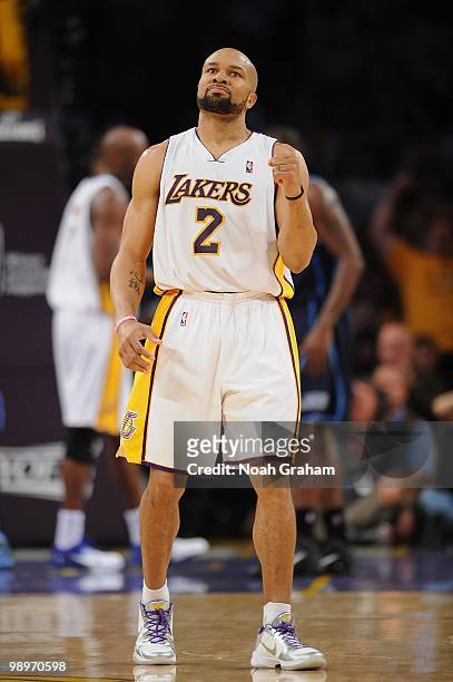 Derek Fisher of the Los Angeles Lakers reacts in Game One of the Western Conference Semifinals against the Utah Jazz during the 2010 NBA Playoffs at...
