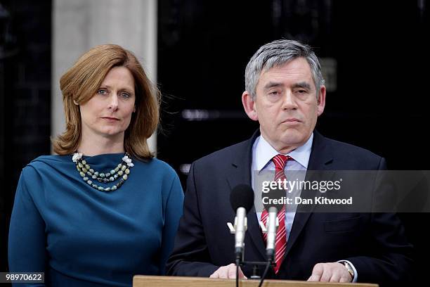 Prime Minister Gordon Brown and his wife Sarah Brown stand on the steps of Downing Street as Brown resigns on May 11, 2010 in London, England. After...