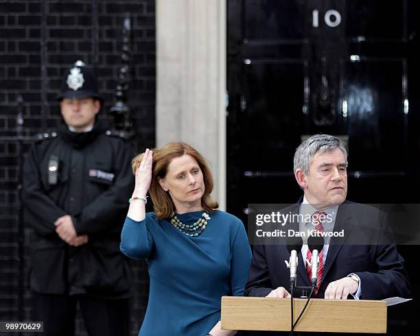 Prime Minister Gordon Brown and wife Sarah Brown speak on the steps of Downing Street on May 11, 2010 in London, England. After five days of...