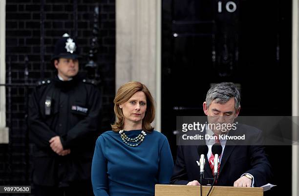 Prime Minister Gordon Brown and his wife Sarah Brown stand on the steps of Downing Street as Brown resigns on May 11, 2010 in London, England. After...