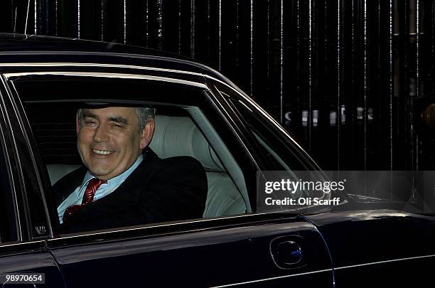 British Prime Minster Gordon Brown leaves Downing Street to tender his resignation to Her Majesty the Queen at Buckingham Palace on May 11, 2010 in...